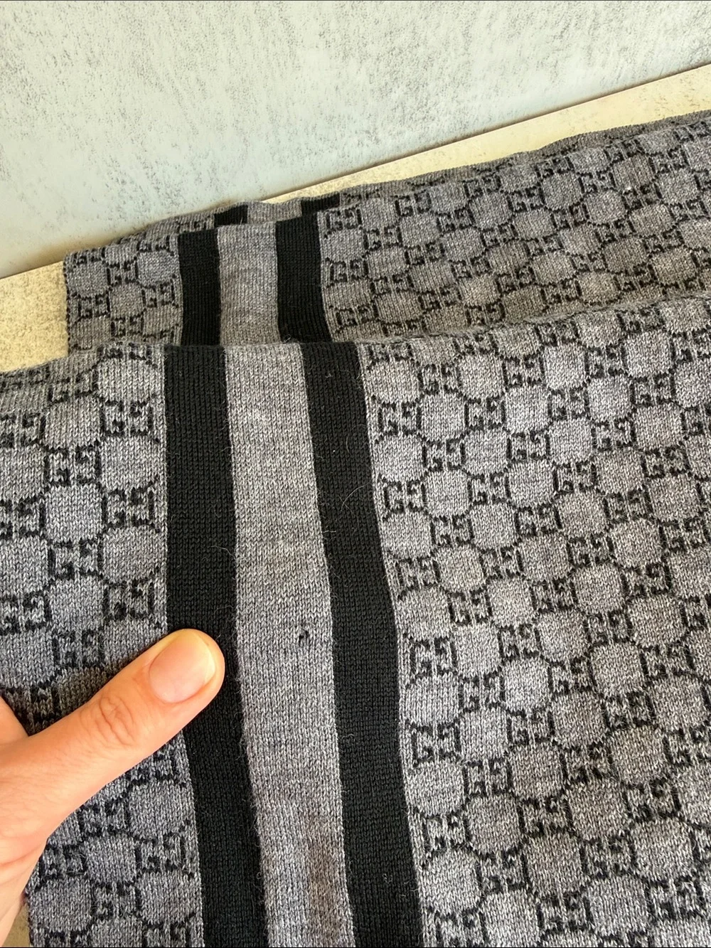 Gucci GG Monogram Wool Silk Scarf Gray Black Reversible